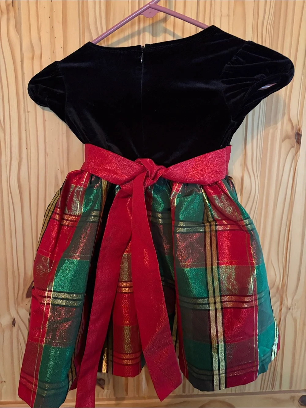 Bonnie Jean Black Velvet Top Red Green Plaid Holiday Dress with Sash